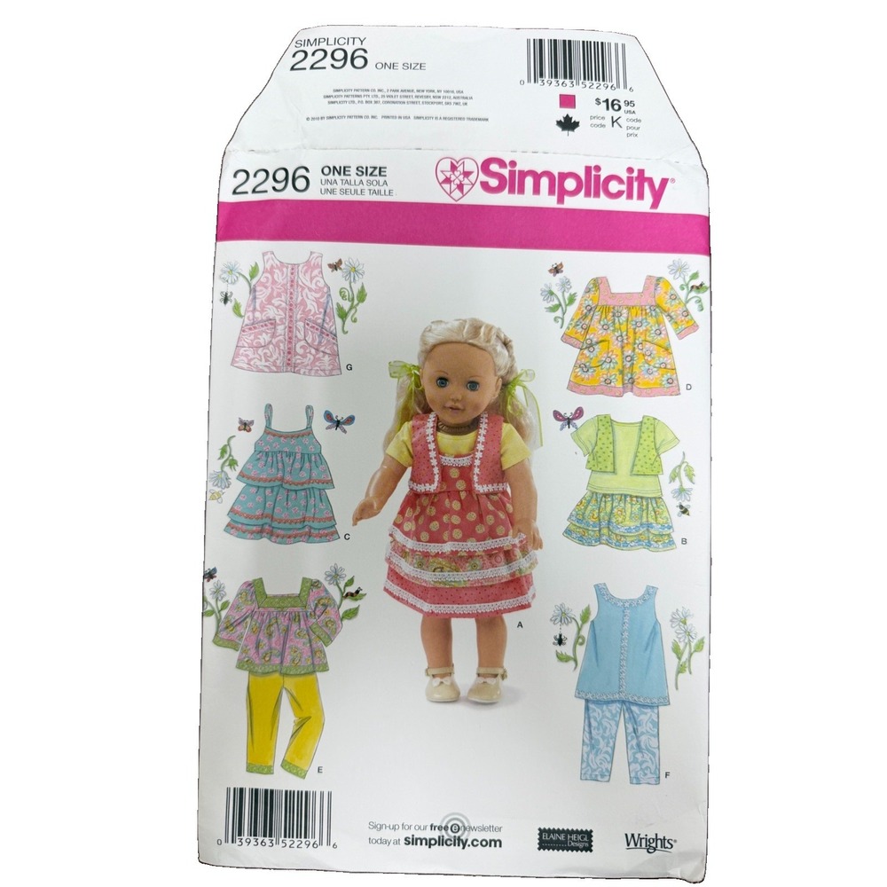 Simplicity 2296 18” Doll Clothes Sewing Pattern UNCUT Dresses Pants 2010